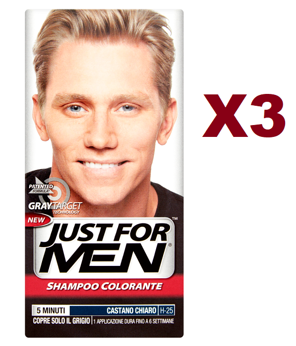 3 PZ JUST FOR MEN CASTANO CHIARO SHAMPOO COLORANTE H - 25