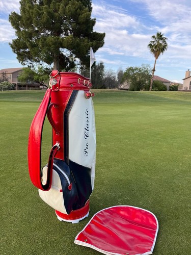 Bolso de golf vintage profesional clásico rojo, blanco y azul imitación cuero - raro + capucha para lluvia - Imagen 4 de 8