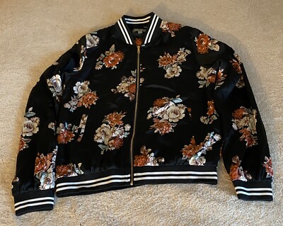 Don't Ask Why Black Floral Art Satin Bomber Jacket Women's American Eagle