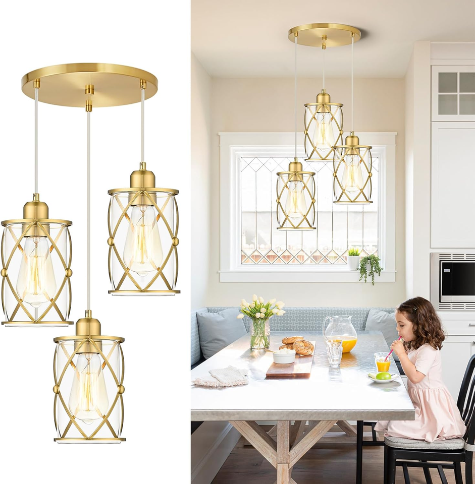 Brushed Gold Pendant Light Fixtures, 3Light Dining Room Chandeliers