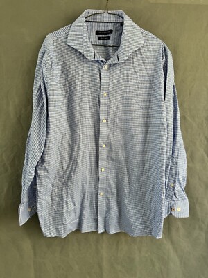 TOMMY HILFIGER THFlex Collar Athletic Fit Dress Shirt Men's 17 32-33 Blue  Plaid | eBay