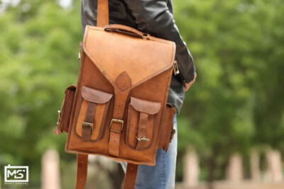 15'' Quality Goat Leather NewBackpack Bag Vintage Brown Men's Genuine Travel Best
