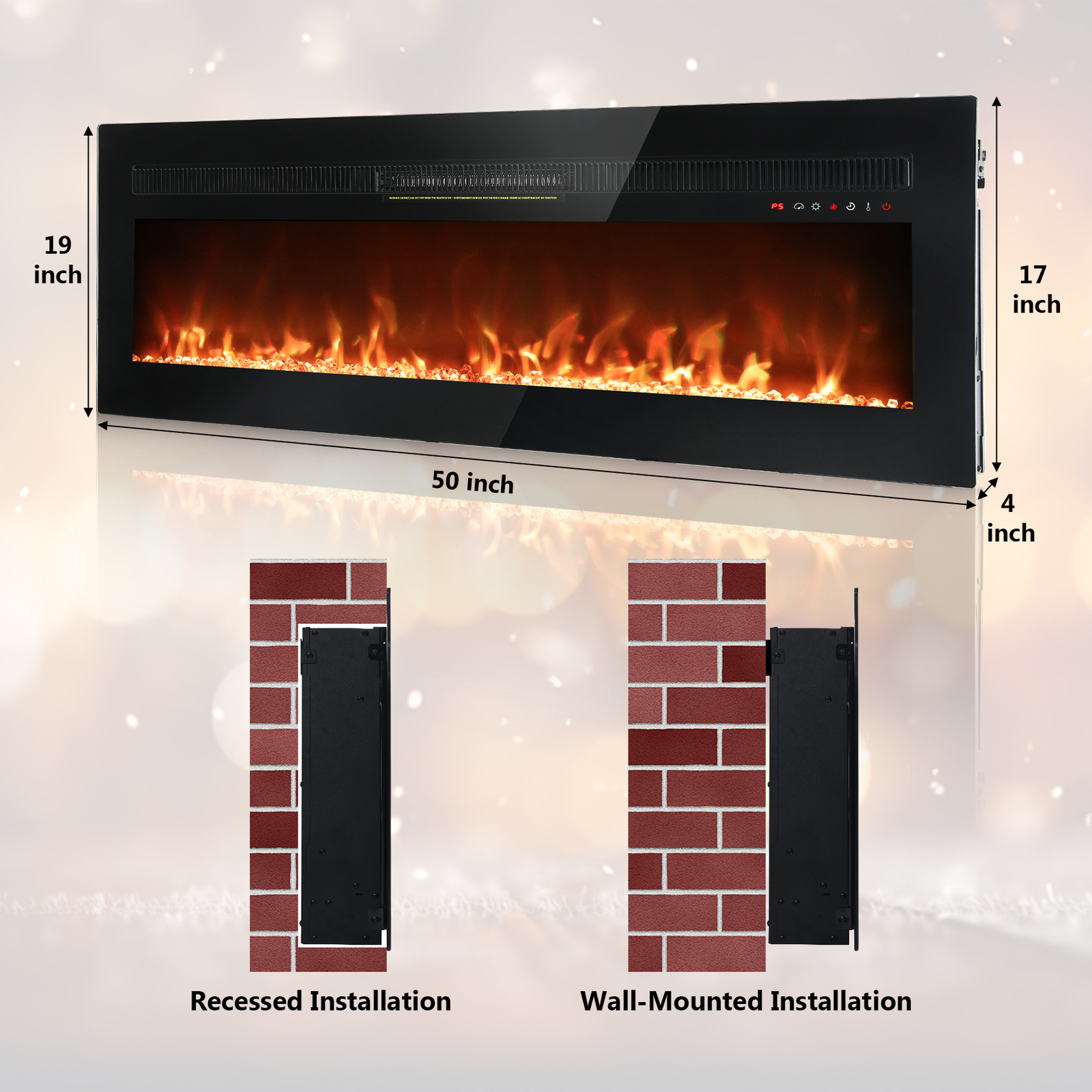 50'' Electric Fireplace in-Wall Recessed Wall Mount Fireplace Heater with Remote