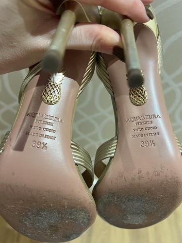 Aquazzura Ari 105 Metallic Leather Sandals Gold Net A Porter Revolve Heels 39.5 - Picture 10 of 12