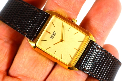 Vintage SEIKO Watch Men's Tank Wristwatch Gold Tone Calf SEIKO 5Y00-5000 Nice!