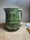 Antique Brush McCoy Stoneware Green Pitcher. Basketweave Morning Glory Design