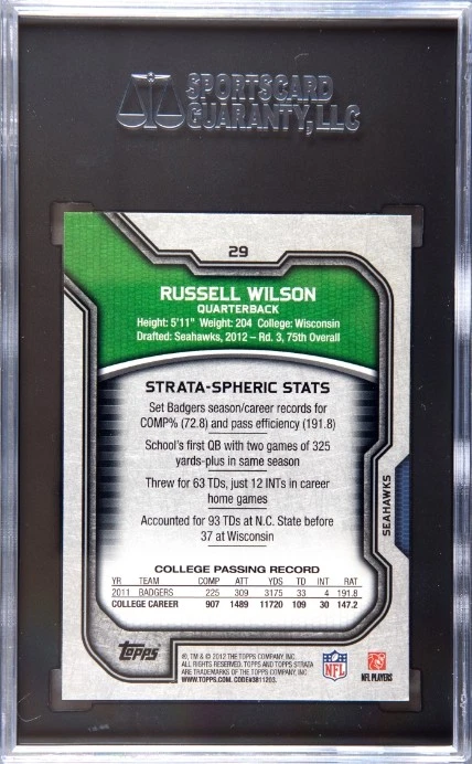2012 Topps Strata Rookie #29 Russell Wilson SGC 9.5 MINT Seattle Seahawks - Image 2 of 2