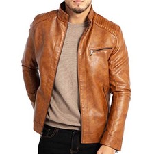 Men's Stand Collar Leather Jacket Motorcycle Lightweight Faux Medium Brown1301