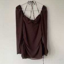 House of CB Baby Chocolate Brown Chiffon Cutout Halter Long Sleeve Mini Dress