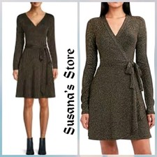 NWT BCBG MAXAZRIA SIZE L METALLIC GOLD LONG SLEEVE TRUE WRAP DRESS