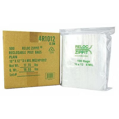 Reloc Zippit 4R1012 Reclosable Bag, Zip Seal, 12 In L, 10 In W, 4 Mil Thick,