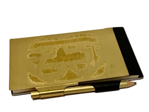 Washington D.C. Souvenir Notepad Pencil Gold Tone Flip Open Embossed Cover