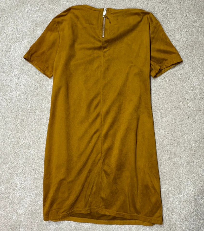 Vestido recto Zara Trafaluc marrón imitación gamuza manga corta cremallera trasera para mujer talla M” Foto 2 de 4