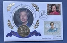 1996 UK £5 Coin PNC. Jersey £5 Stamp & Label. QEII 70th Birthday. 14209.