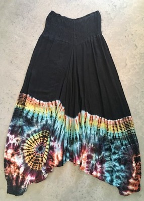 VTG Tie-Dye BOHO Festival HIPPIE Harem Pants STRAPLESS GENIE JUMPSUIT ROMPER~OS