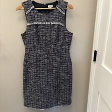 J.Crew Tweed Sheath Dress Navy White Sleeveless Lined Metallic Fringe 10
