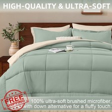 FUANNA King Comforter Set 7 Pcs, Reversible Sage Green Beige Bedding