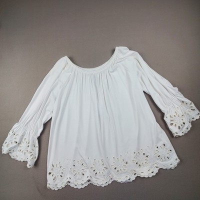 Cupio Women's White Eyelet Embroidered Bell Sleeves Cottagecore Top  NWT  Large