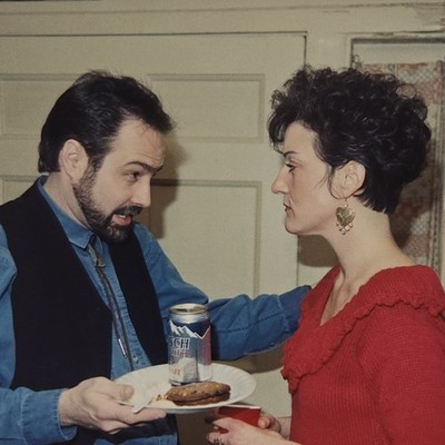 Vintage Color Photo Snapshot Man Talking to Woman While Holding Beer & Cookies
