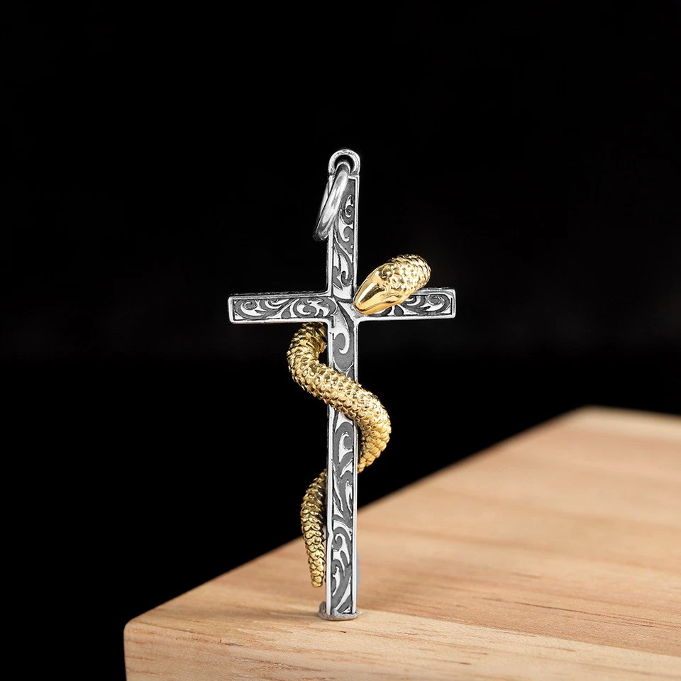 Colgante Cruz Serpiente Vintage Plata de Ley 925 y Latón Gótico Motociclista Dije Foto 4 de 4
