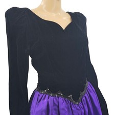 Jessica McClintock Gunne Sax Black Velvet Purple Satin Long Sleeve Dress, Size