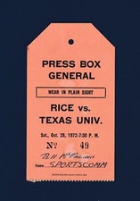 Rice Owls vs Texas Longhorns 1972 college football Working Press Box Pass