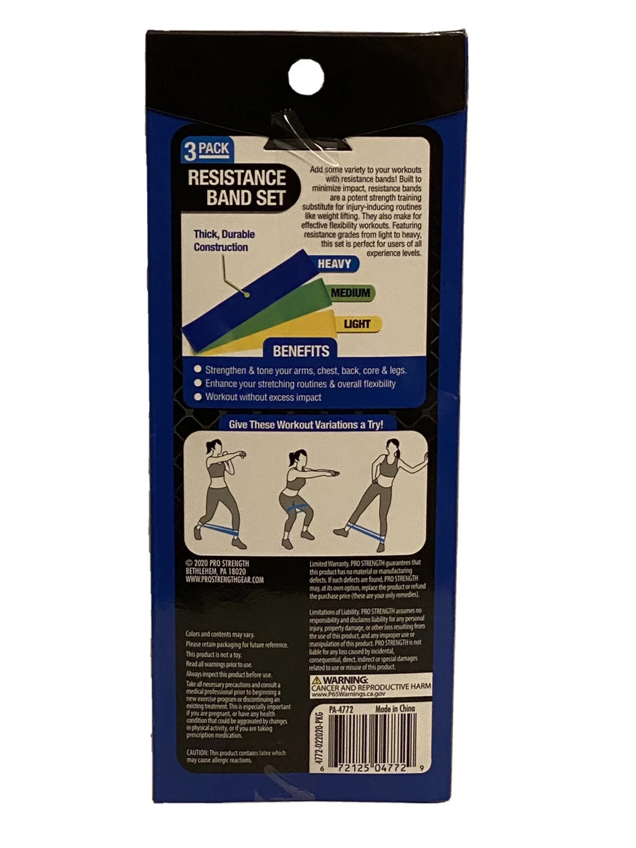 Pro Strength 3 Pack Resistance Band Set Light Medium Heavy Color Coded