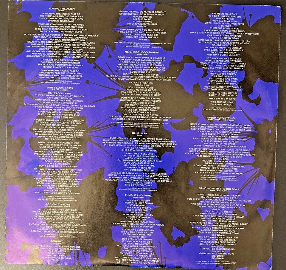 David Bowie "Tonight" 1984 EMI America LP Vinyl Studio Album w/Lyrics