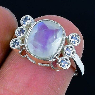 Regenbogen Mondstein facettierter Stein Statement Ring Schmuck 925 massiv Silber US 6,5