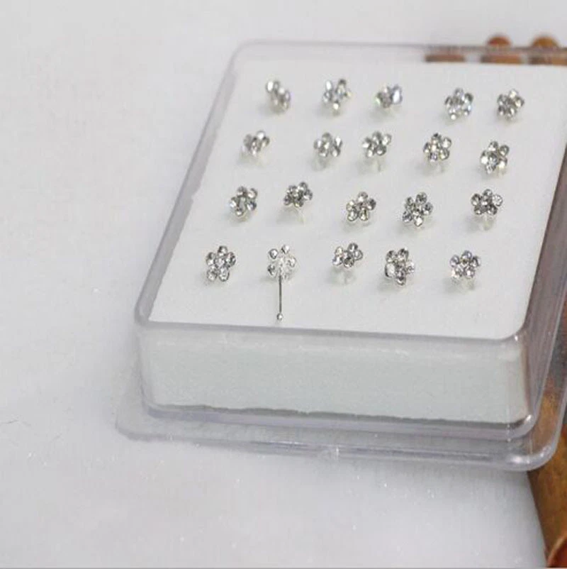 20X Plata Sólida Blanco Ciruela Flor Cristal Barra Recta Barra Nariz Tachuelas Venta al por mayor Foto 2 de 3