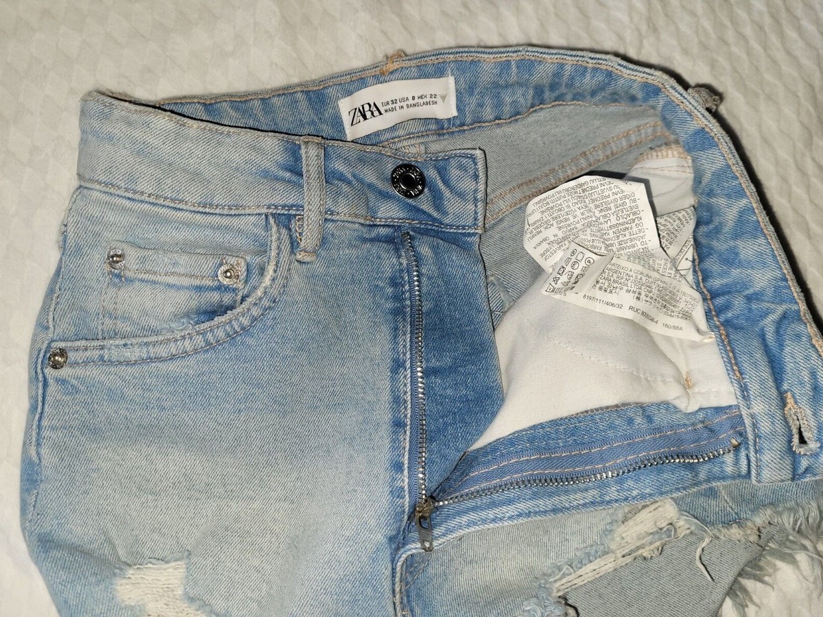 Zara Hi Waist Hi Rise Distressed Lt Wash Fray Denim Jean Blue
