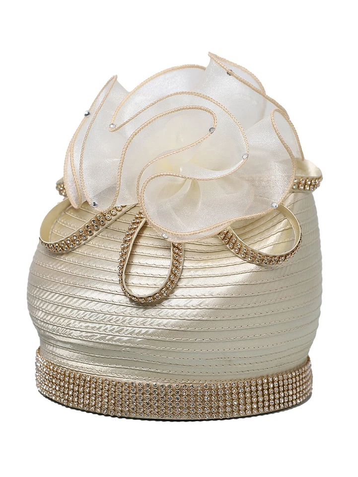 Champagne Fascinator Hat For Women Church Satin Formal Hats Rhinestone Flower - Image 2 of 4