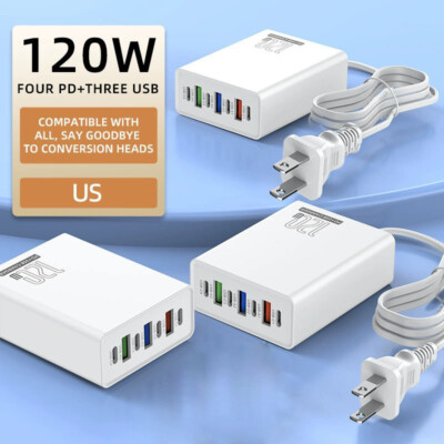 120W 7-Port USB C Fast Wall Charger Block Charging Station for Multiple Devices
