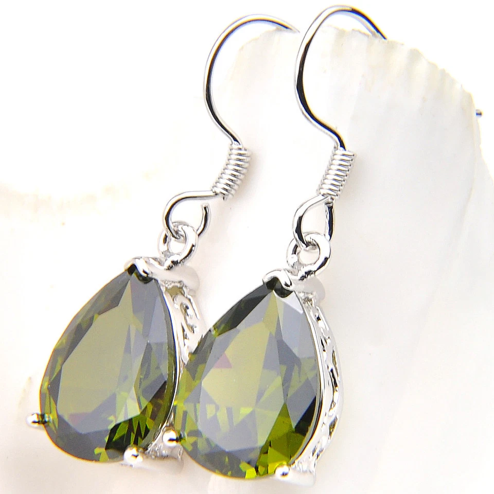 Genuine Olive Peridot Gemstone Silver Drop Hook Earrings For Woman - Image 2 of 4