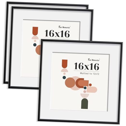 16x16 Picture Frame, Display Pictures 12x12 with Mat or 16x16 16x16-3P Black