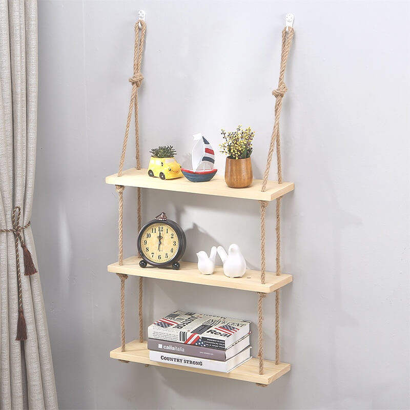 Rustic Solid Wood Rope Hanging Wall Shelf Country Vintage Storage