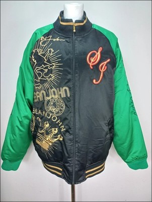 Sean John Varsity Bomber Jacket Black Green Embroidered Hip Hop Y2K Rare L