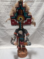 Vitg 1970s Navajo Kachina Doll Tableta Headdress, HandPainted Wood, Feathers 20"
