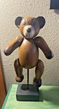 Vintage Hand Carved Wooden Teddy Bear Sculpture On Stand Folk Art 17  