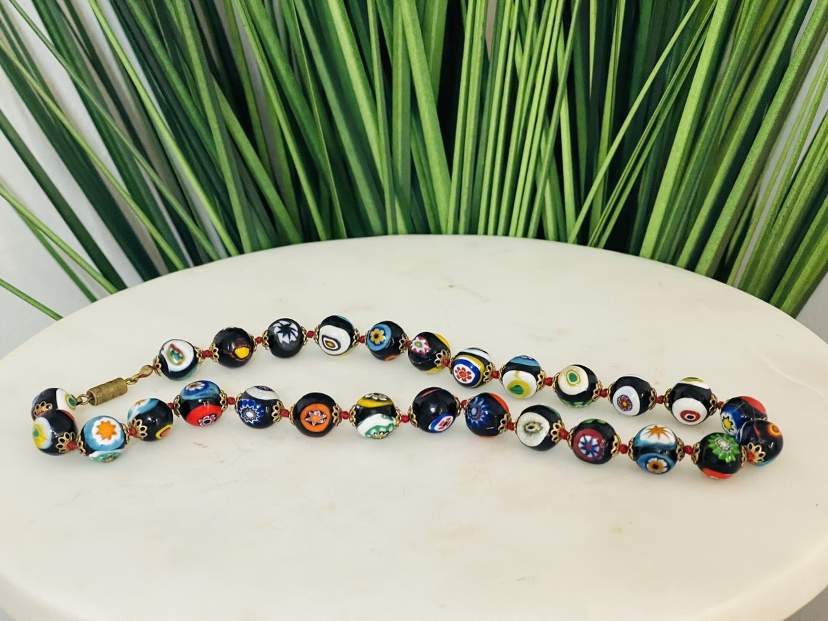 Vintage Murano Glass Necklace Wedding Cake Glass Beads Black Multicolor Venetian
