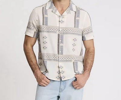 Express Embroidered Geometric Button Up Shirt Mens S Loop Collar Preppy Classic