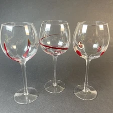 Pier 1 Red Swirline Balloon Wine Glasses Hand Blown Goblets Vintage Set Of 3