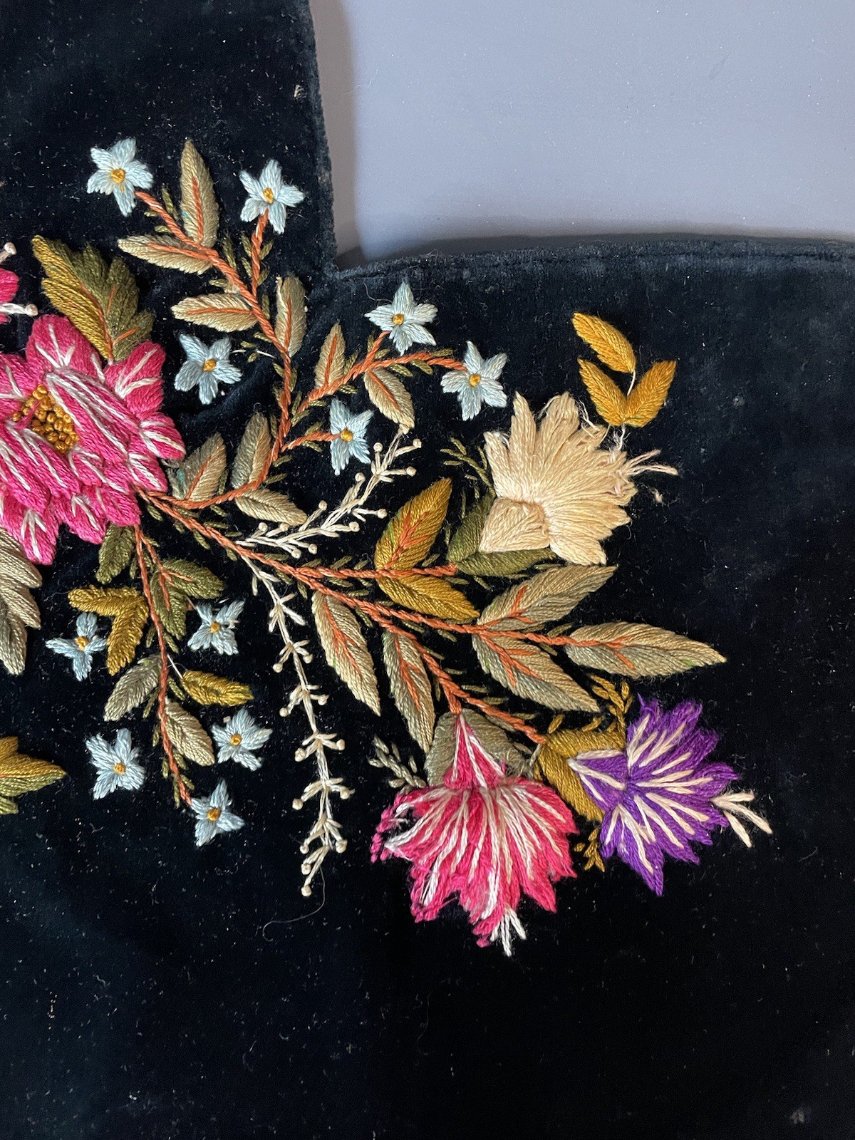 Pair of Antique 19th C. Hand Stitched Embroidered Black Velvet Panels Victorian