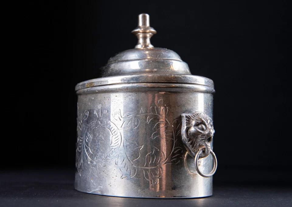 Ornate 复古银盘茶卡迪夹狮子头环盖 — 第 4/4 张图片