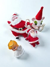 Vintage Lot of Assorted Flocked Christmas Ornaments  Angel Mouse & Santas Retro