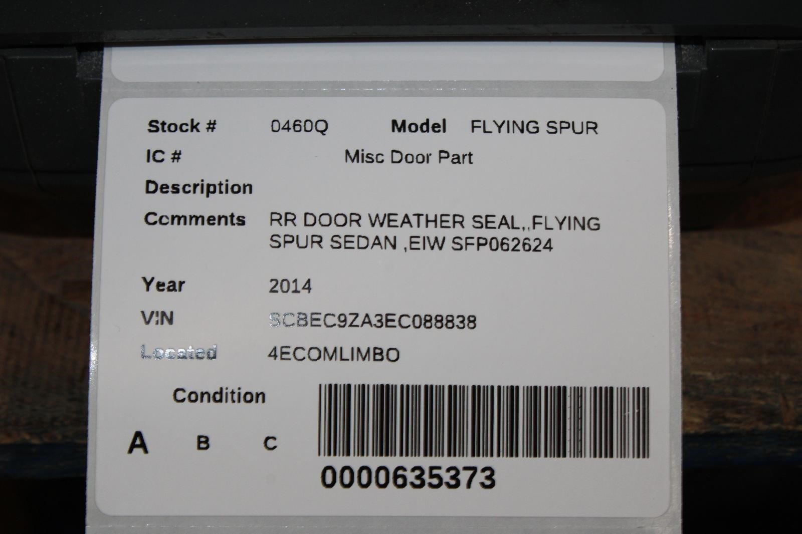 13-18 Flying Spur Black Rear Passenger Right RH RR Door Seal Weather Stripping