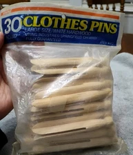 Vintage Bag of 30 Vining Large Wooden Clothes Pins 4” Brand New Sealed