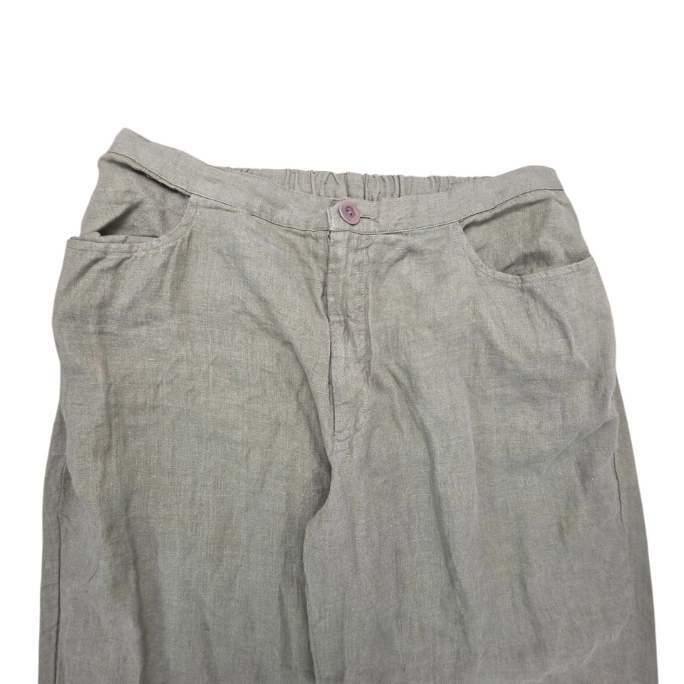 Flax Linen Pants Zipper Elastic Back Lagenlook Size Large Green Trouser Wide Leg - Image 3 of 4