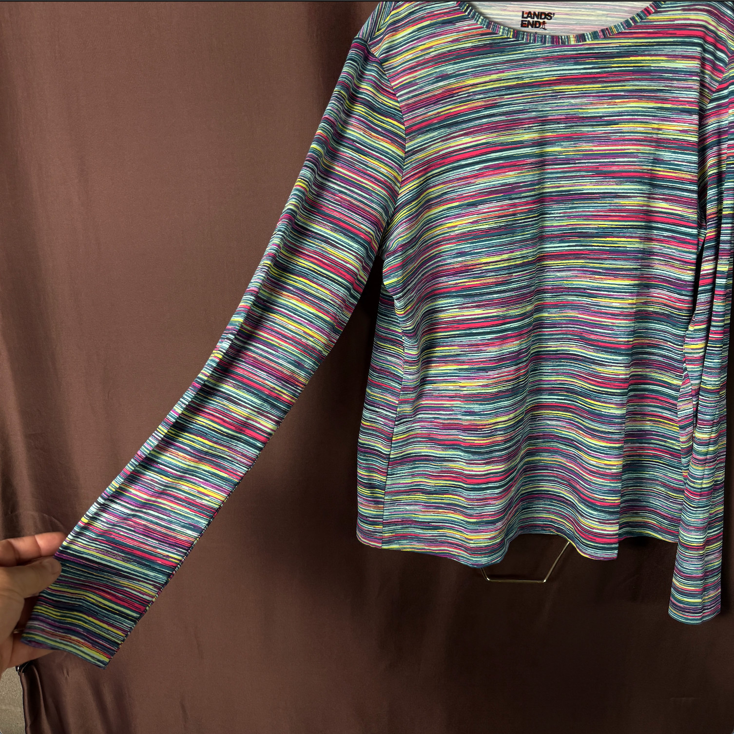 Lands' End Women's S-M Long Sleeve Swim Tee Rash Guard Deep Sea Navy/Spaced Dye