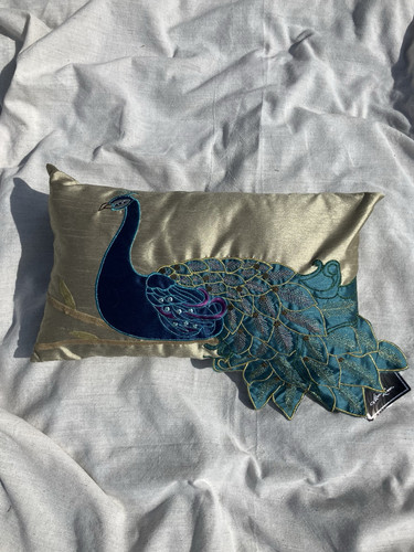 Peacock Pillow Faux Silk 12”x20” Marlo Lorenz - Picture 1 of 7